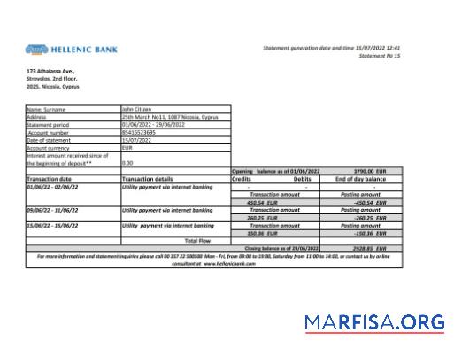 Printable Cyprus Hellenic bank statement excel sample